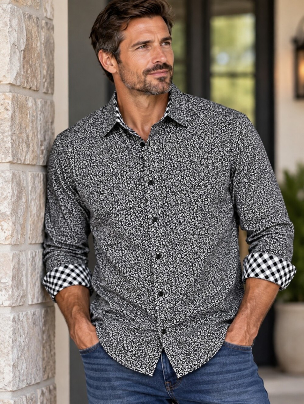 Quieti Black and White Patterned Men's Shirt - Long Sleeve - Medium